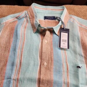 Vineyard Vines NWT SS 100% Linen Striped Shirt - Blue, Tan, and White XXL